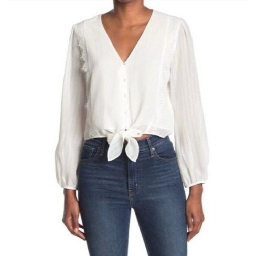 WAYF Women's Lace Trim Knotted Long Sleeve Blouse, Ivory, L, NWT